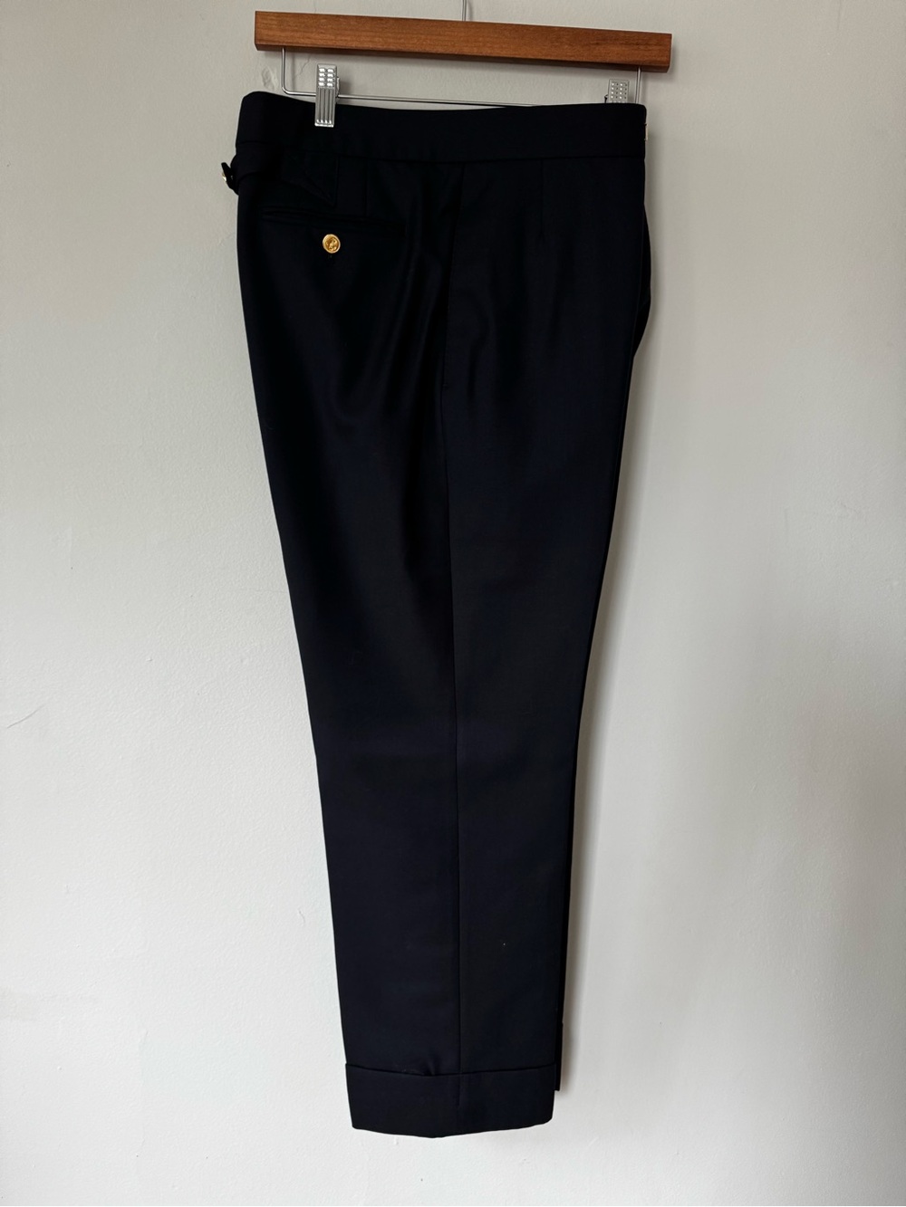 Thom Browne Black Cuffed Dress Trousers with Gold Button